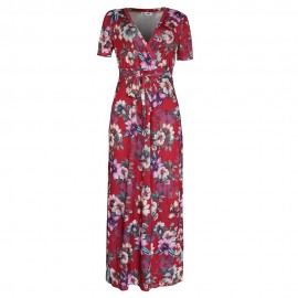 Women Causal Fashion Floral Print Maxi Dress Floral Big Swing Stitching Dress