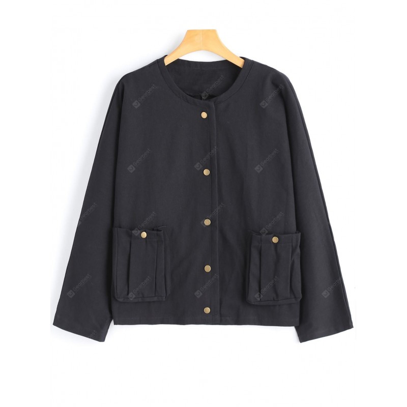 Snap Button Plain Jacket with Pockets