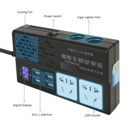 250W Car Power Inverter D C12V/24V to AC220V Multi-Funcitonal Power Converter Digital Display Power Voltage Transformer