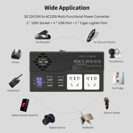 250W Car Power Inverter D C12V/24V to AC220V Multi-Funcitonal Power Converter Digital Display Power Voltage Transformer