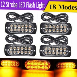 4PCS 12 Strobe LED Amber Hazard Beacon Emergency Flashing Side Marker Light Bars Warning Signal Towing Truck Flashing Lamp