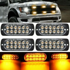 4PCS 12 Strobe LED Amber Hazard Beacon Emergency Flashing Side Marker Light Bars Warning Signal Towing Truck Flashing Lamp