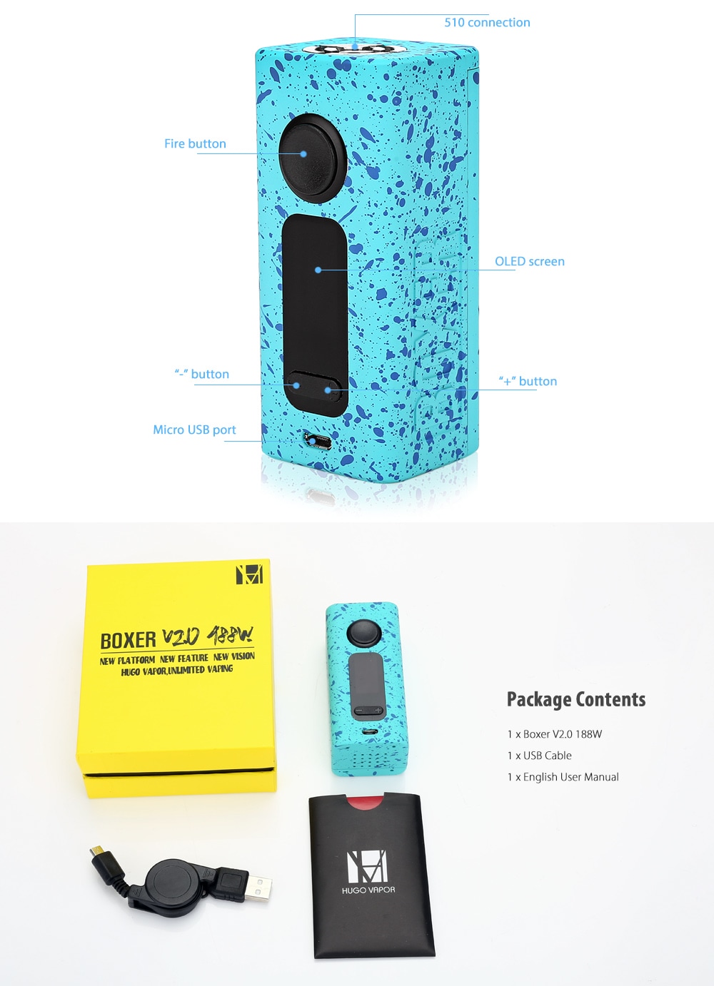 Original Hugo Vapor BOXER V2.0 188W Box Mod with 0.5 - 8.4V / 100 - 300C / 200 - 600F for E Cigarette- White