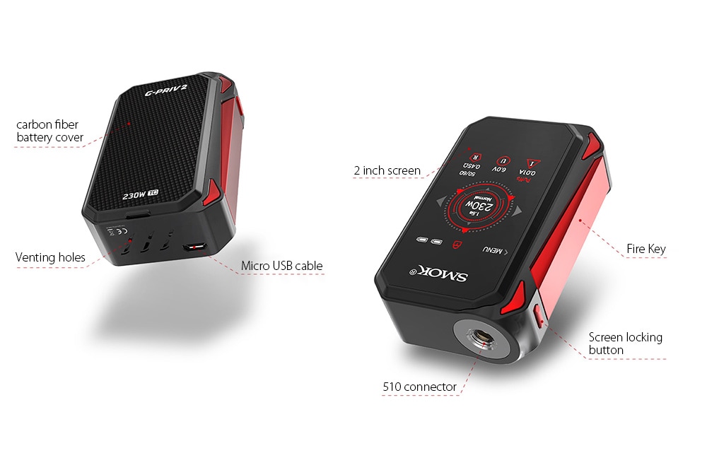 Original SMOK G - PRIV 2 Mod with 1 - 230W / 200 - 600F / 100 - 315C for E Cigarette- Golden