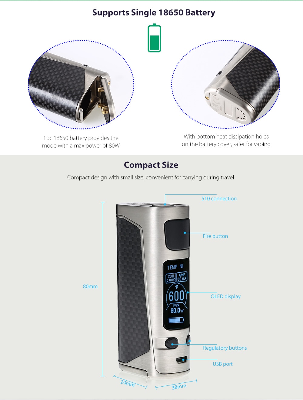 Original Joyetech eVic Primo Mini 80W Box Mod with 100 - 315C / 200 - 600F / Supporting 1pc 18650 Battery for E Cigarette- Yellow