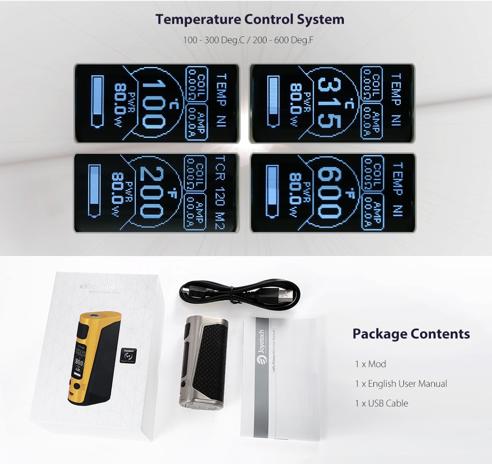 Original Joyetech eVic Primo Mini 80W Box Mod with 100 - 315C / 200 - 600F / Supporting 1pc 18650 Battery for E Cigarette- Yellow