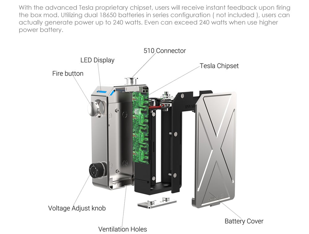 Tesla Invader III VV 3.6 - 6.6V / VW 240W Box Mod- Black