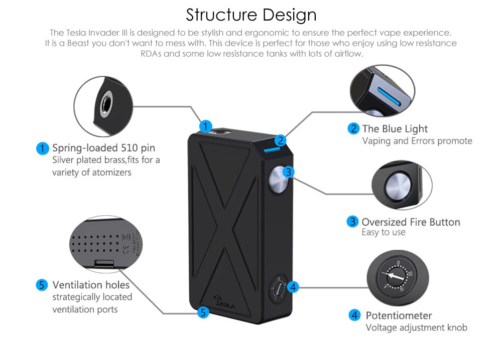 Tesla Invader III VV 3.6 - 6.6V / VW 240W Box Mod- Black