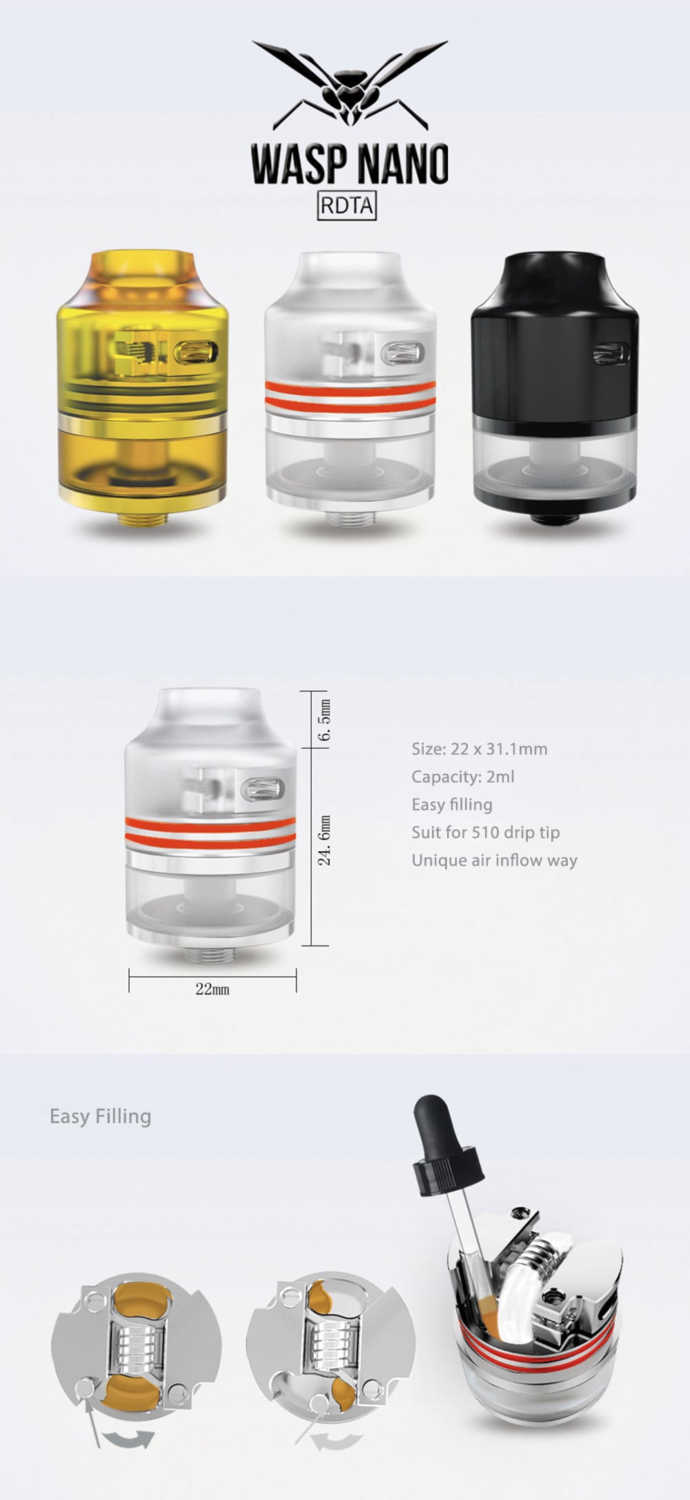 Original OUMIER Wasp Nano RDTA 2ml with Side Airflow Control / 2ml for E Cigarette- Golden