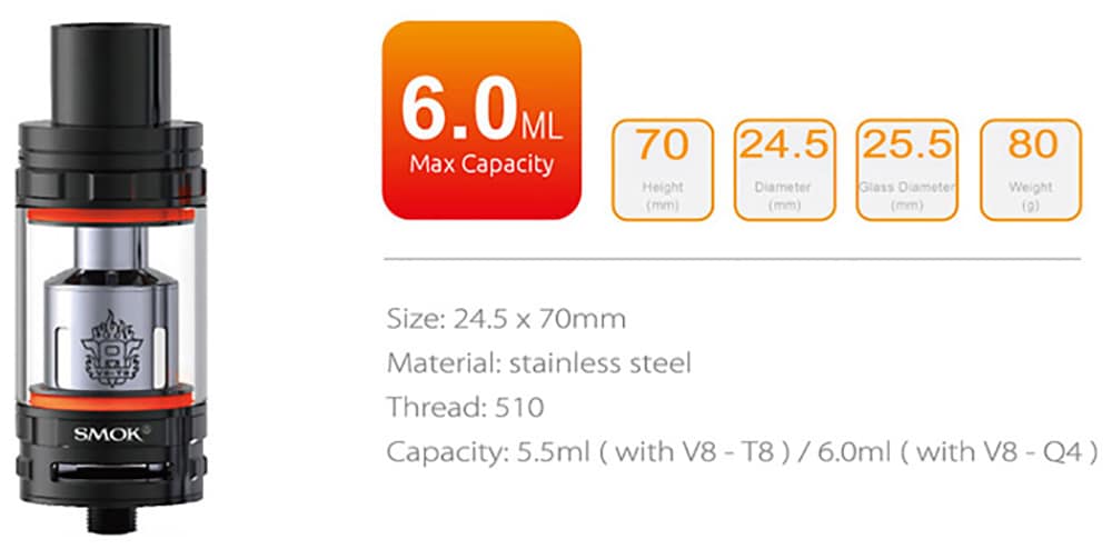 Original Smok TFV8 Cloud Beast Tank Atomizer with 5.5 / 6.0ml / 4 Unique Patented Turbo Engine / Bigger Heating Air Tube E Cigarette Clearomizer- Golden