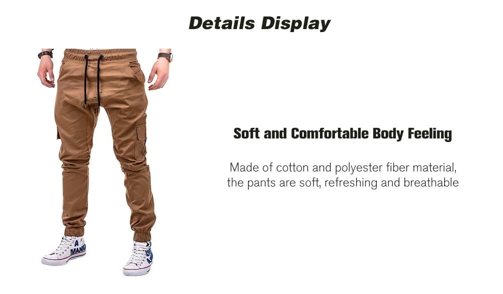 Fashion Solid Color Side Pockets Tether Elastic Belt Casual Beam Pants for Men- Caramel XL