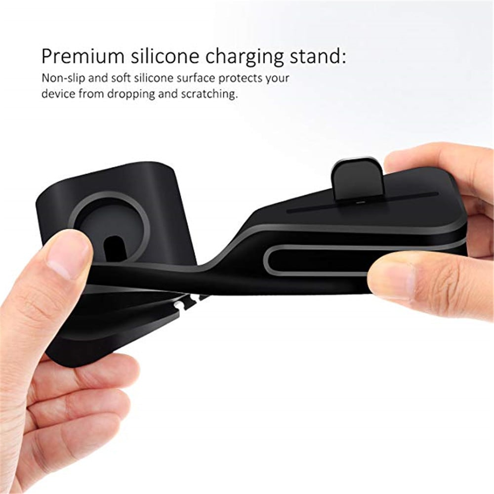 Silicone 3 in 1 Charging Stand Holder Dock for iPhone for Apple Watch/ AirPods- Black