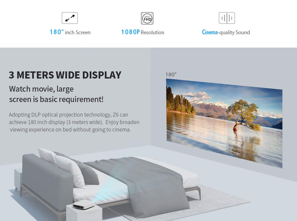 XGIMI Z6 700 Ansi Lumens DLP Projector Home Theater 1080P Full HD Support 3D WiFi Mirroring Display- White