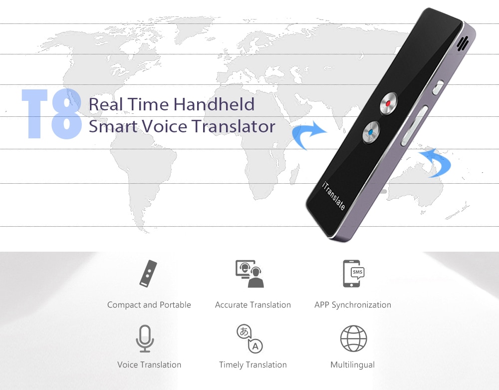 T8 Real Time Multi Language Translator Speech / Text Translation Device with APP- Smokey Gray