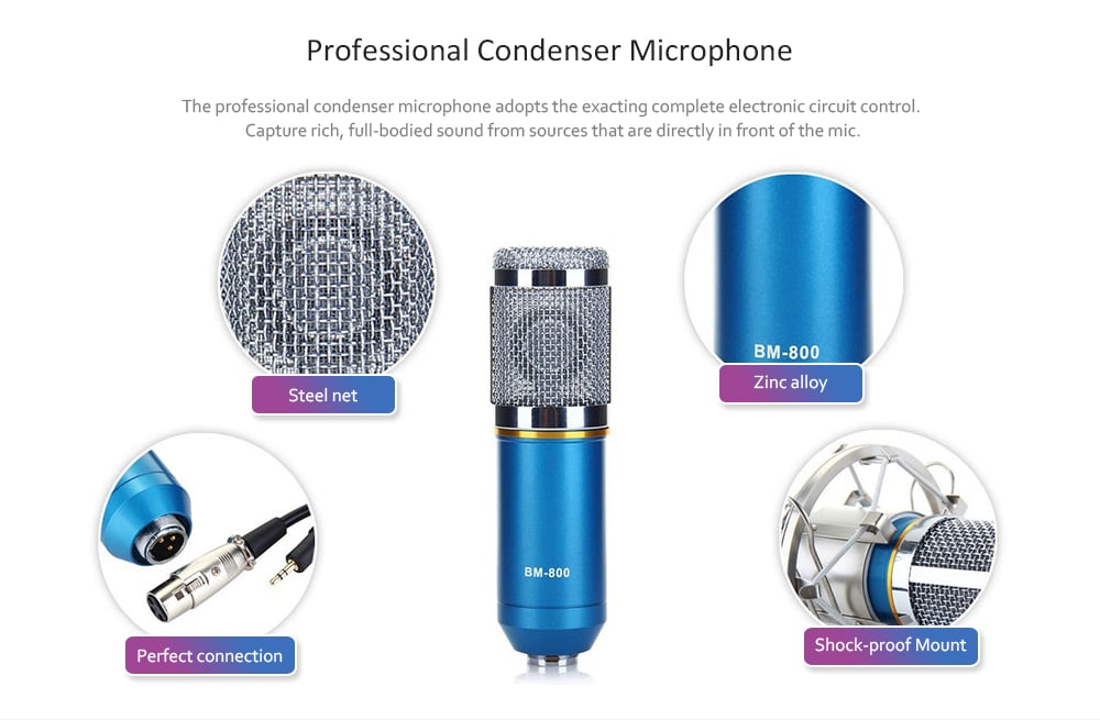 Condenser Sound Recording Microphone and Metal Shock Mount for Radio Broadcasting Studio - Black