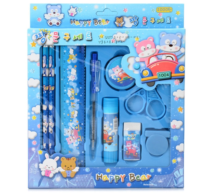 Pencil Eraser Ruler Ball Point Pen Stationery Set- Blue