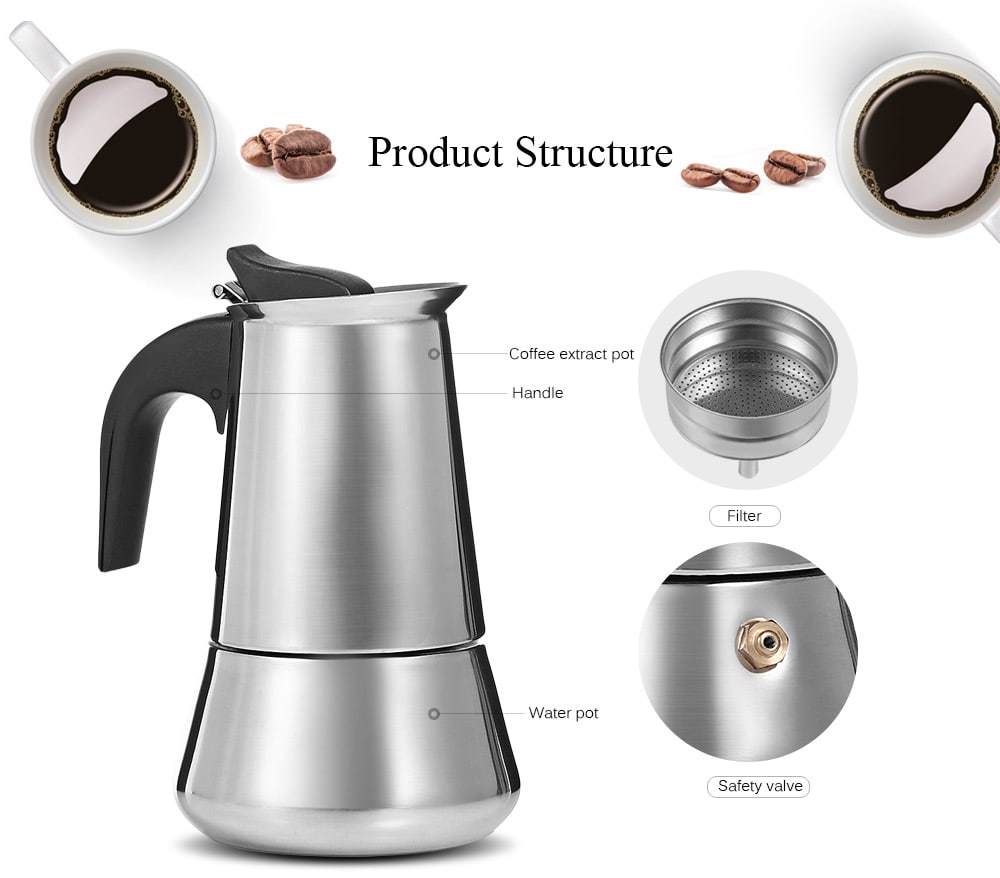 Stainless Steel Moka Coffee Pot Stovetop Espresso Maker- Silver 100ML