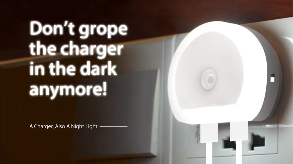 Utorch B07 Dual USB Ports Adapter Charger with Sensitive Light-sensor Night Light- White US Plug (2-pin)