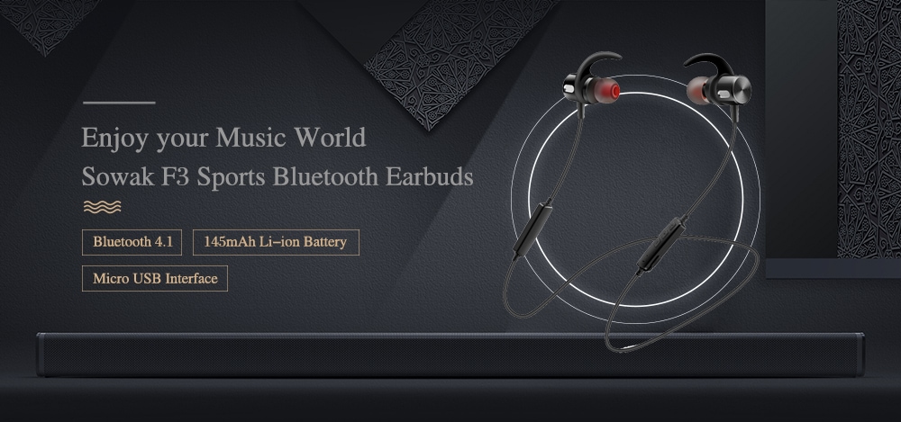 SOWAK F3 Sports Bluetooth Earbuds Stereo Magnetic Sweatproof Earphone with Mic and In-line Control- Black