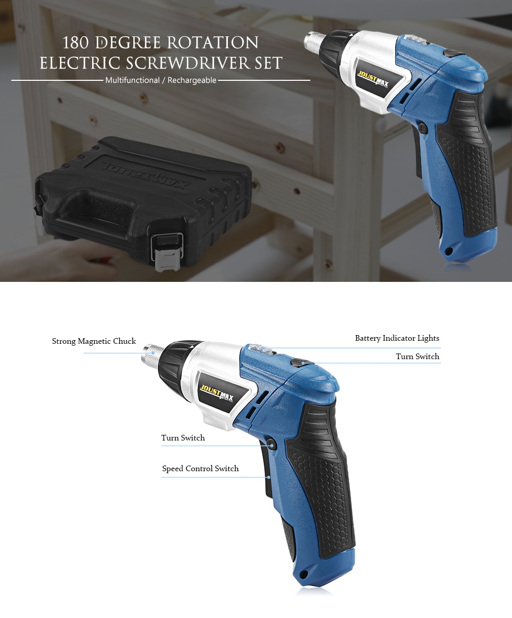 Multifunctional 4.0V Li-ion 180 Degree Rotation Rechargeable Electric Screwdriver Set- Blue