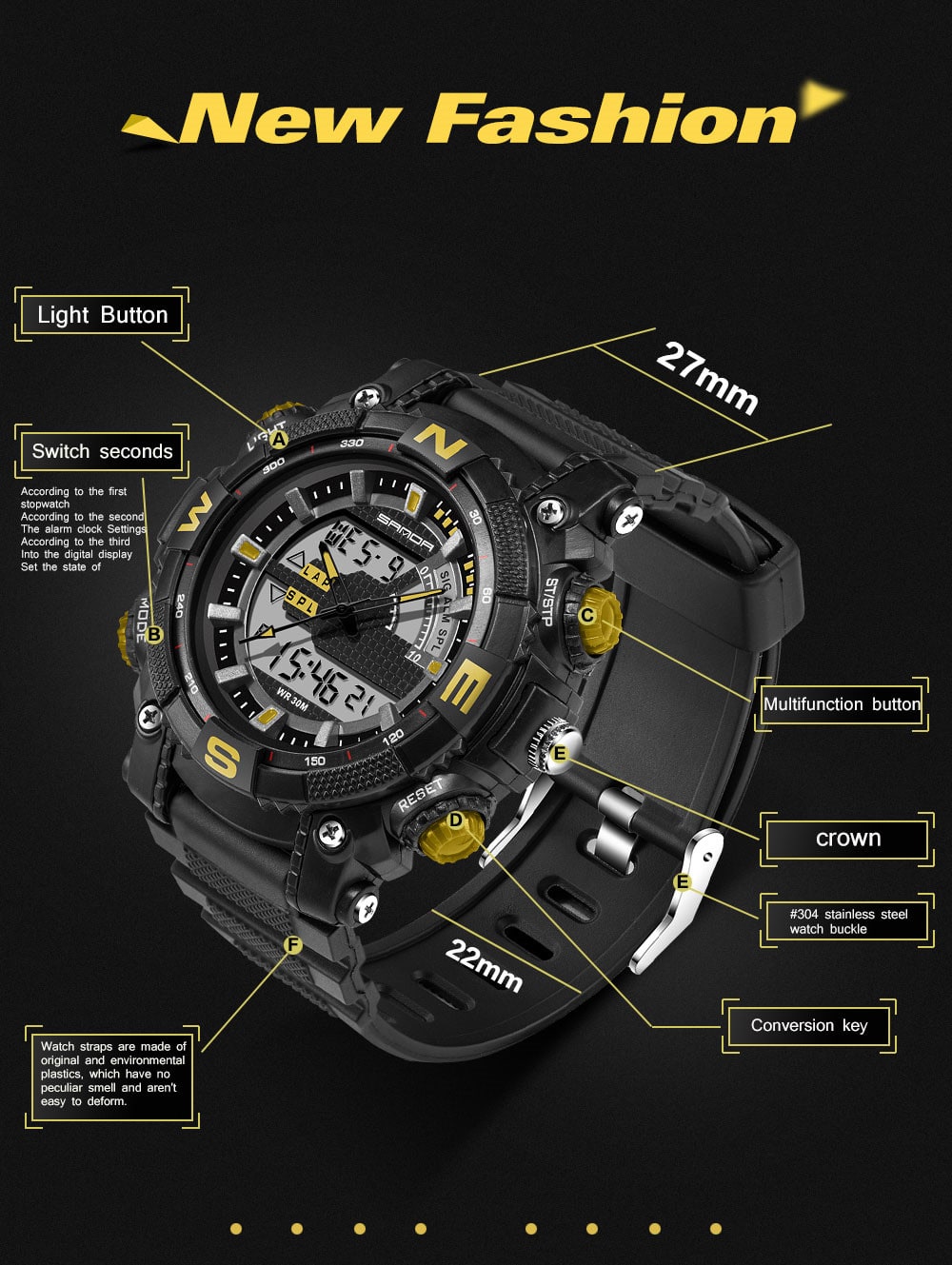 Sanda Fashion Men Dual Display Swimming Diving Sport Watch- Red