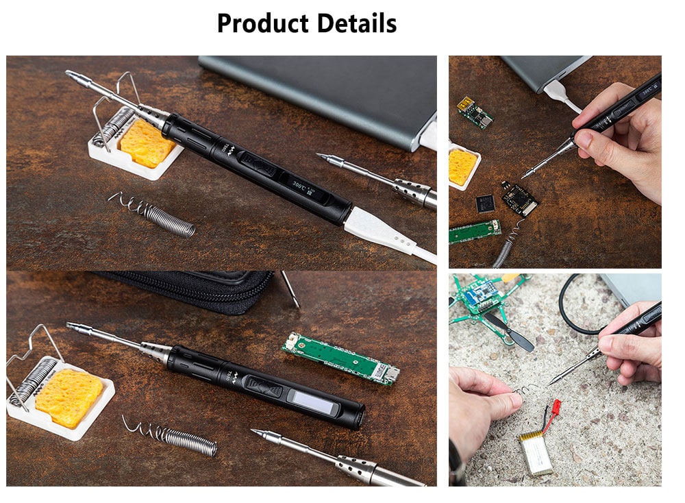 TS80 USB Charging Adjustable Garden Electric Soldering Iron Pen with Backlight OLED Screen- Black