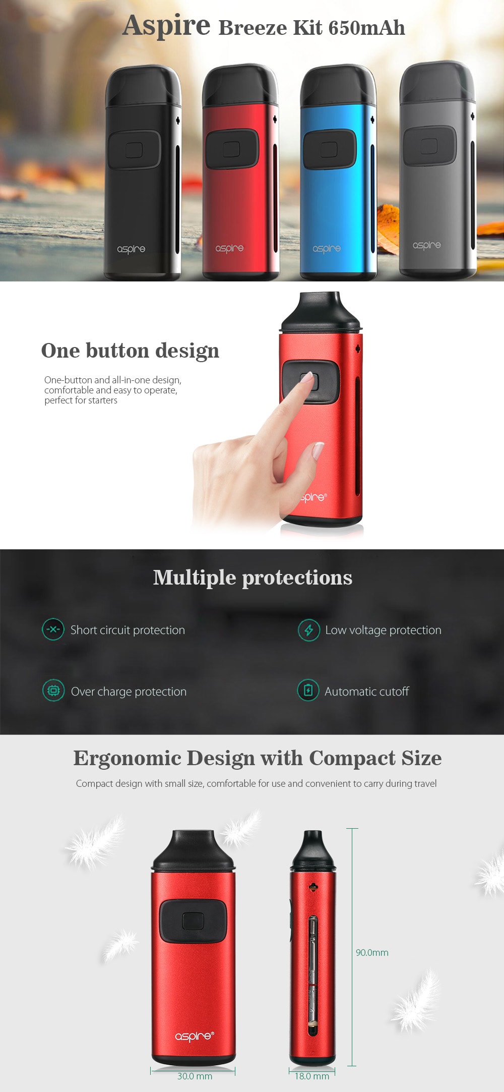 Original Aspire Breeze Kit 650mAh with 0.6 ohm / 2ml for E Cigarette- Red