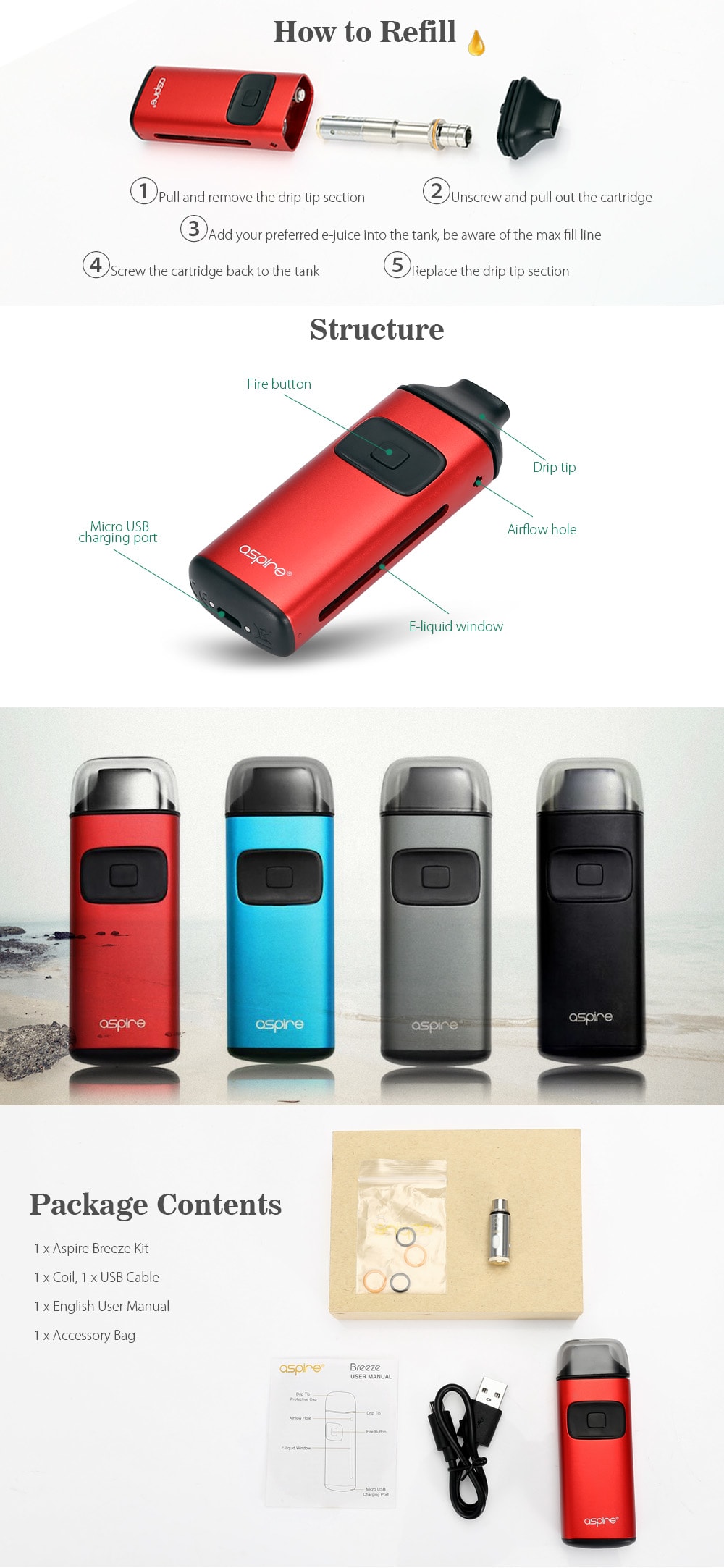 Original Aspire Breeze Kit 650mAh with 0.6 ohm / 2ml for E Cigarette- Red