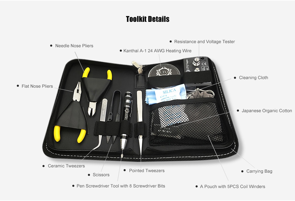 Original LTQ Vapor RBA Coil Designer Disassembling Repair Tools Kit with 16 Pieces Tool for Electronic Cigarettes DIY Atomizer- Black