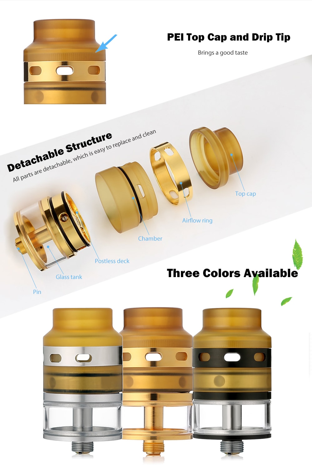 ST Version YV RDTA with 3ml / Top Adjustable Airflow for E Cigarette- Golden