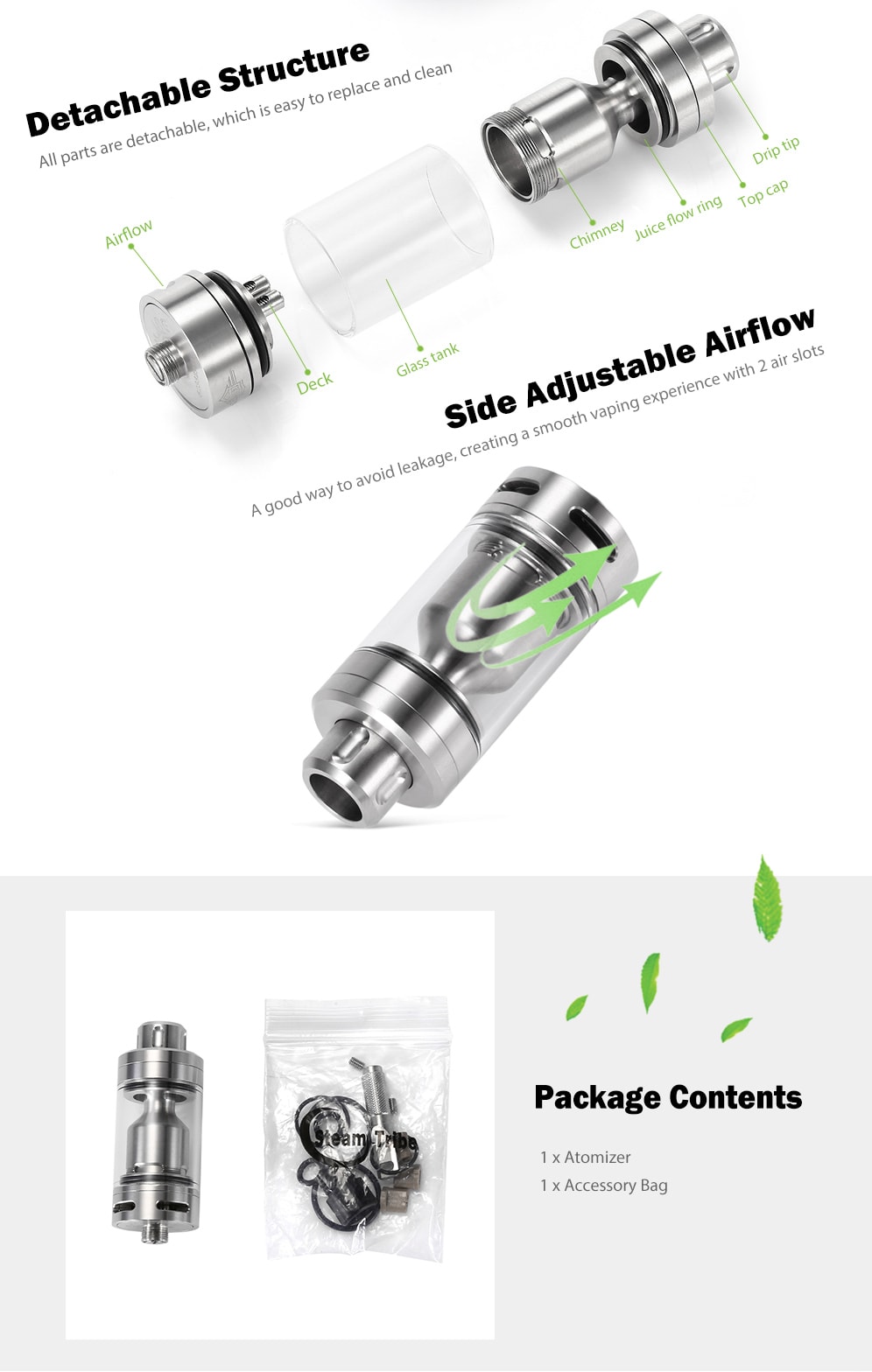 ST S RTA with 4ml / Bottom Adjustable Airflow / Top Filling for E Cigarette  - Silver