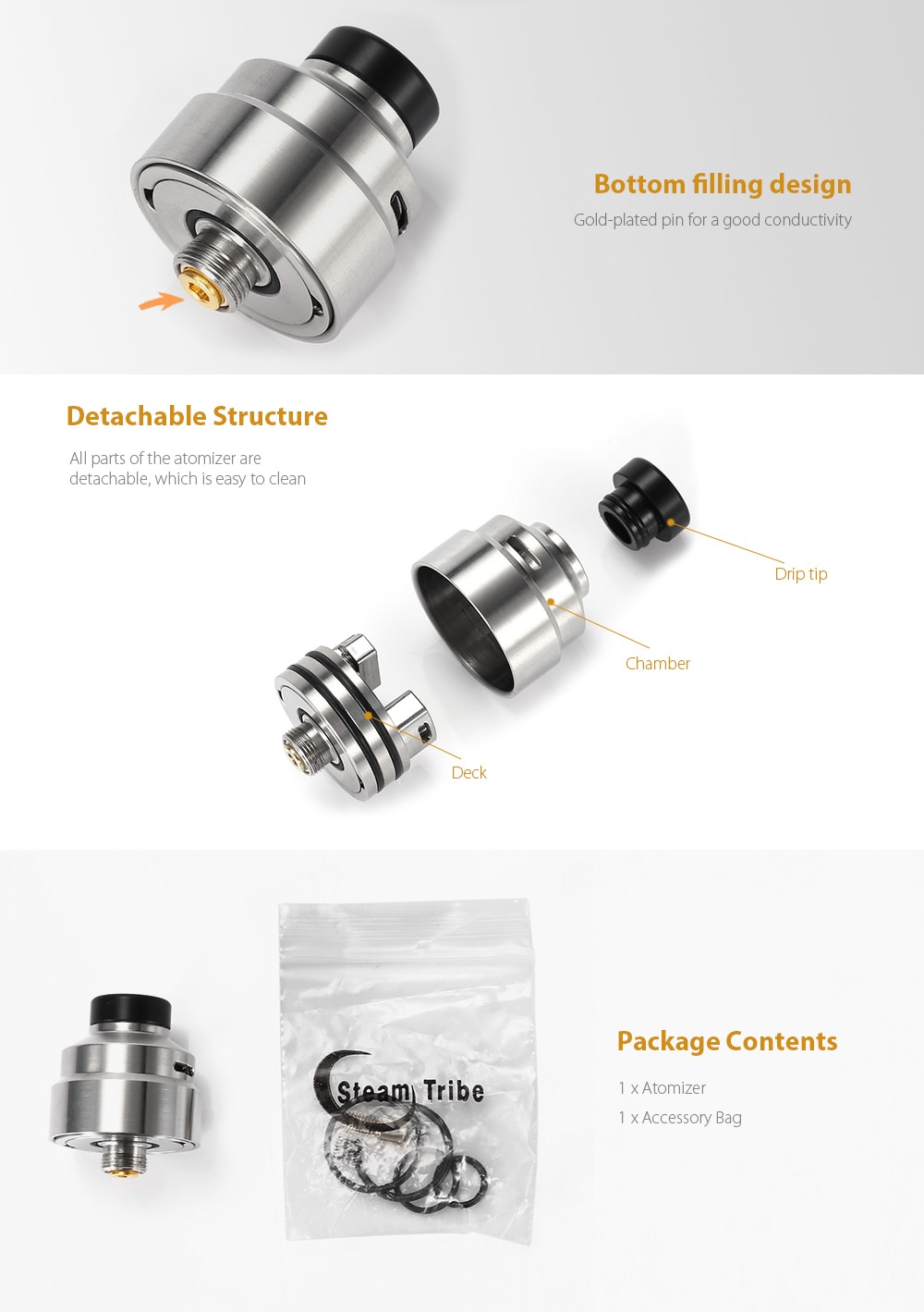 S RDA with Gold-plated Pin / Single Coil Building / Bottom Filling for E Cigarette - Silver