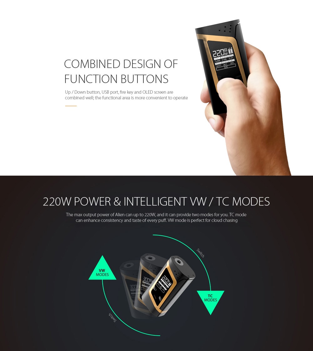 RHA 220W Alien Kit with 200 - 600F / 100 - 315C TC Box Mod / 3.0ml / 0.15ohm / 0.4ohm TFV8 Baby Tank Atomizer for E Cigarette- Black and Grey