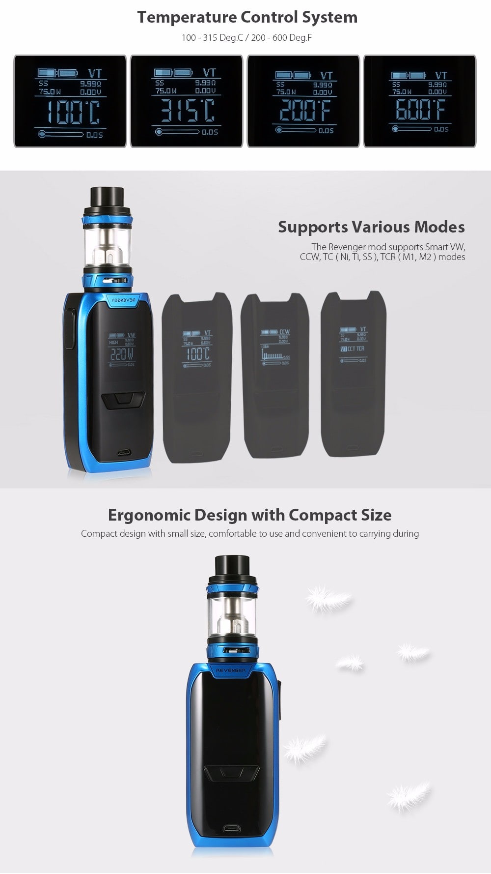 Original Vaporesso Revenger Kit with NRG 5ml Tank / 5 - 220W / Multiple Modes / 0.15 ohm for E Cigarette- Blue