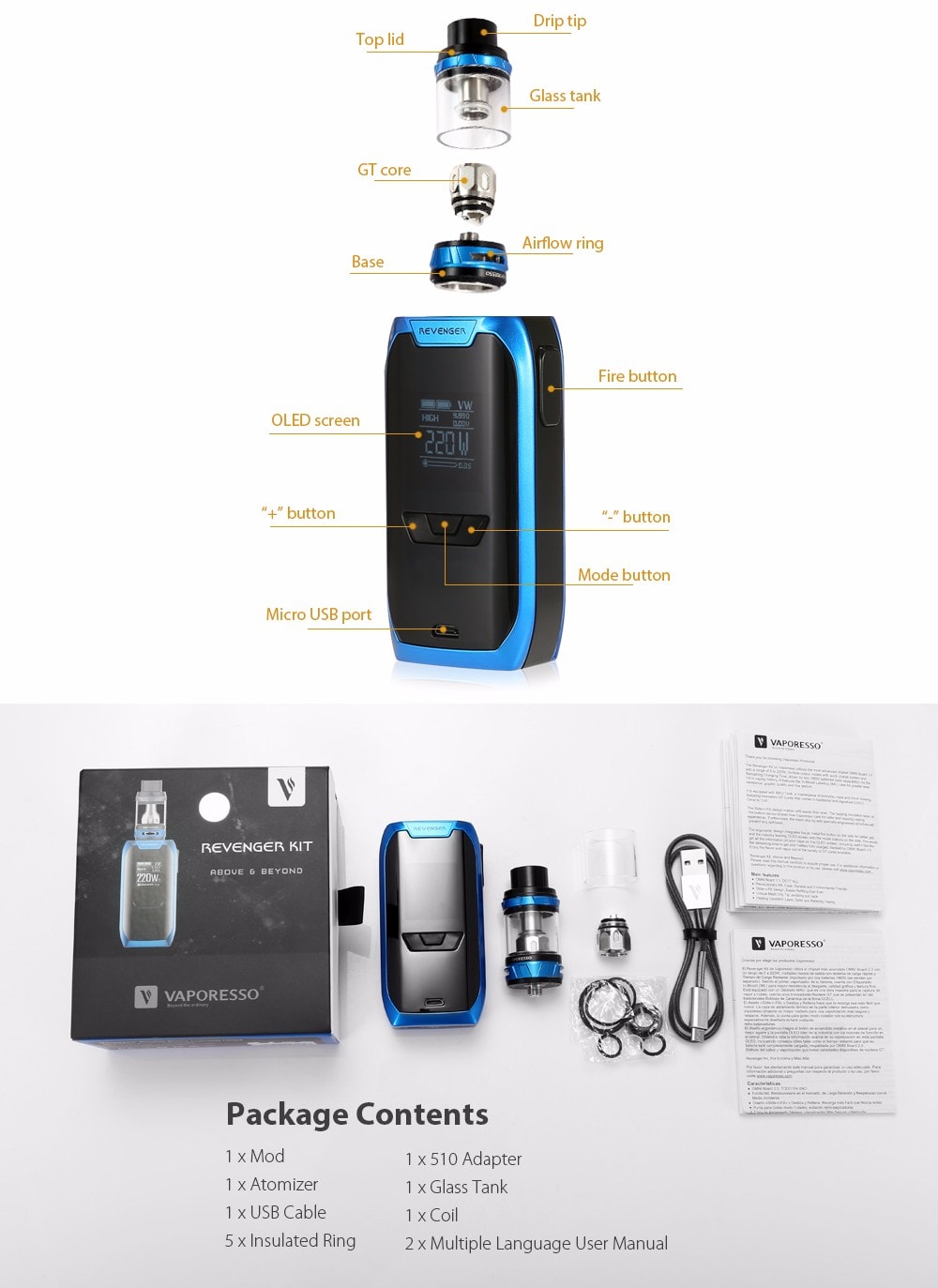 Original Vaporesso Revenger Kit with NRG 5ml Tank / 5 - 220W / Multiple Modes / 0.15 ohm for E Cigarette- Blue