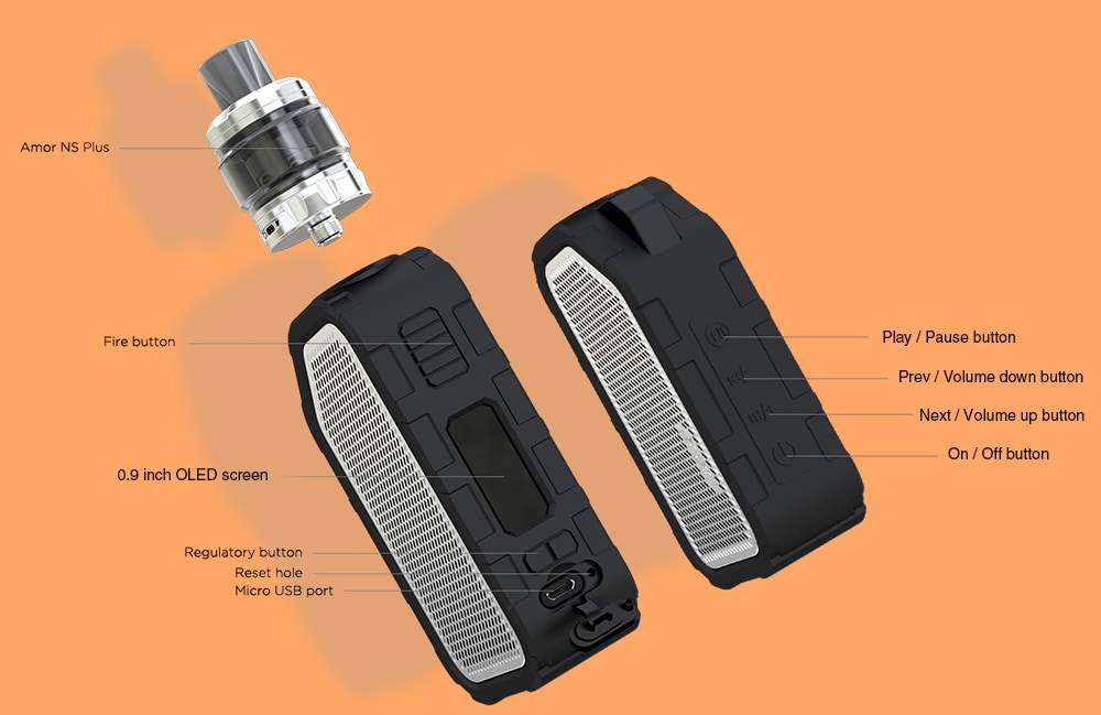 WISMEC Active Bluetooth Music TC Kit with 4.5ml Amor NS Plus Atomizer / Built-in 2100mAh Li-ion Battery- Black