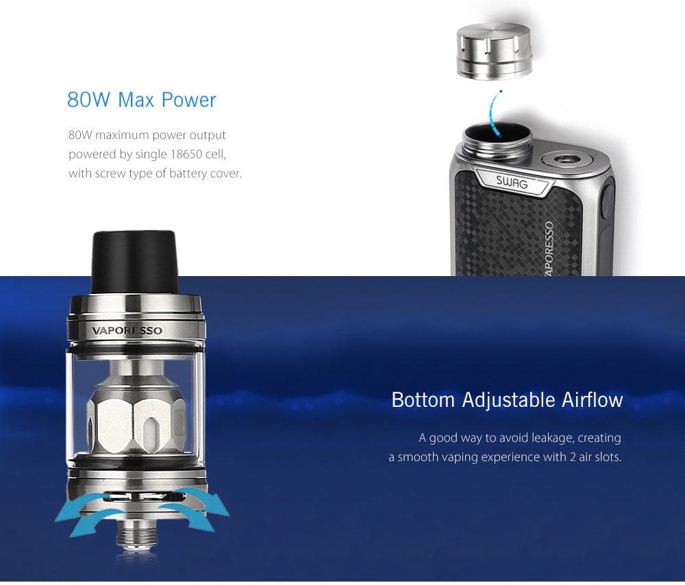 Original Vaporesso Swag 80W Mod Kit with 100 - 315C / 200 - 600F / 3.5ml / 0.4 ohm Clearomizer for E Cigarette- Blue