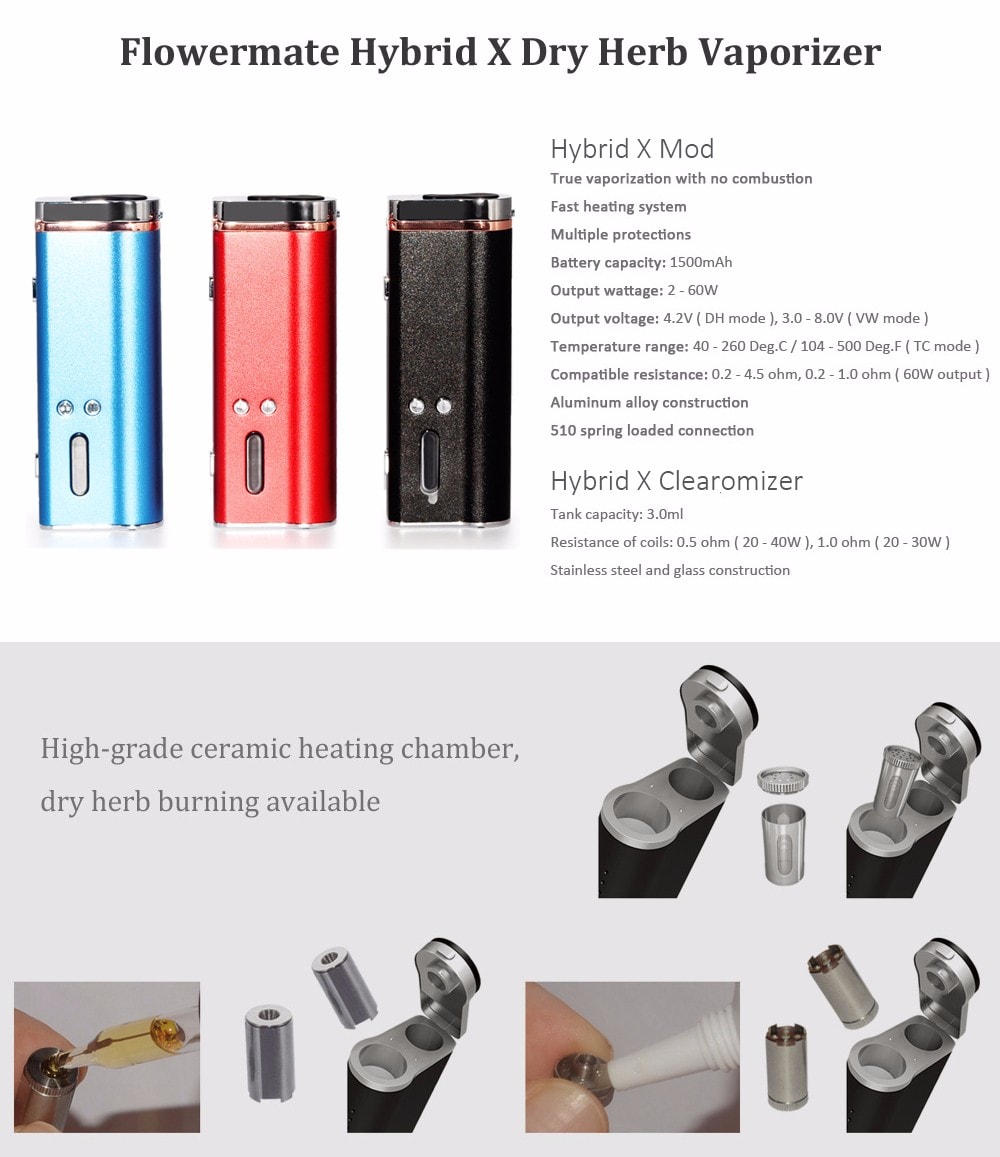 Original Flowermate Hybrid X Dry Herb Vaporizer / Box Mod with 1500mAh / 2 - 60W / 40 - 260C / 3ml / 0.5 ohm / 1.0 ohm Clearomizer- Black