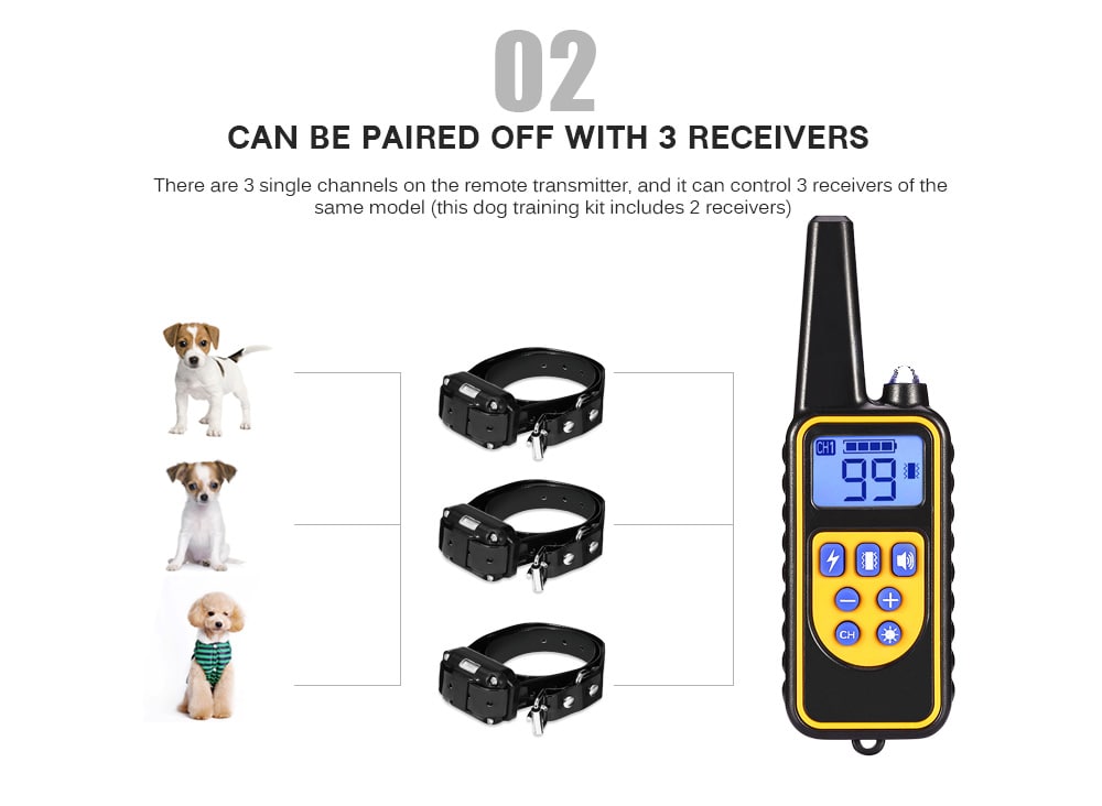 800m Waterproof Rechargeable Remote Control Dog Electric Training Collar with 2 Receivers- Black EU