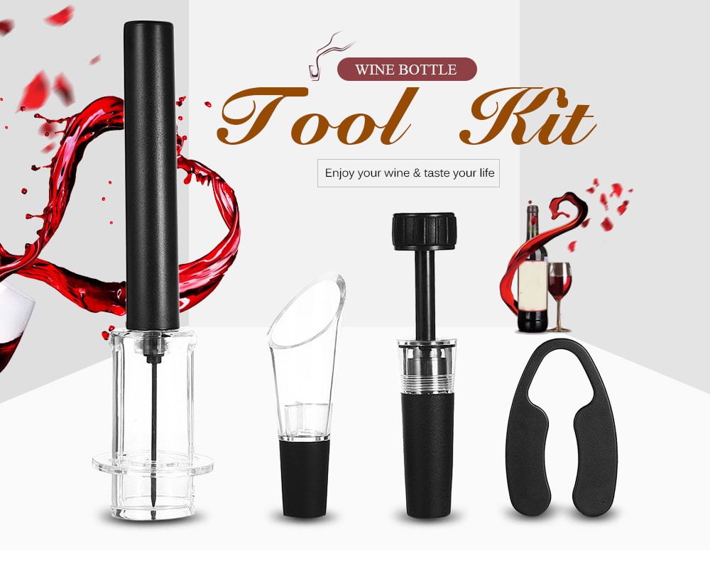 SW - WG07P Air Pressure Bottle Opener Wine Accessory Tool Kit with Liquor Pourer / Foil Cutter / Vacuum Stopper- Black