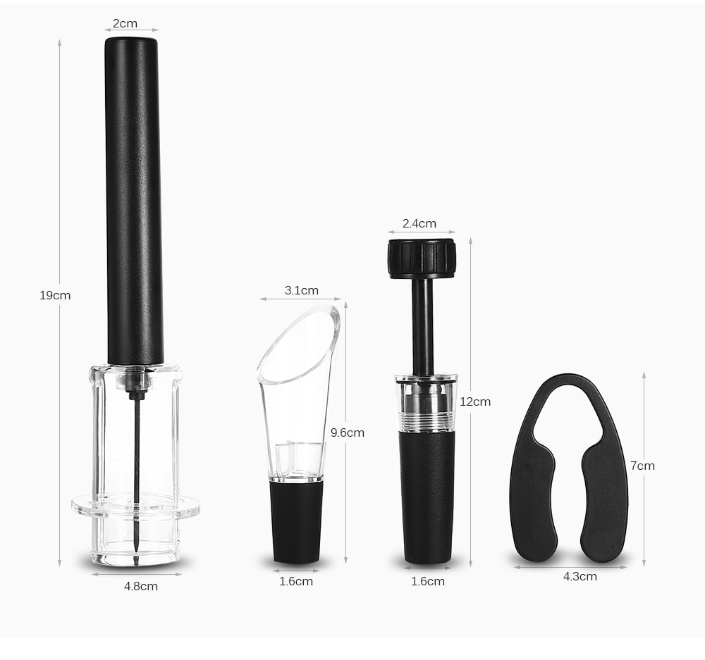 SW - WG07P Air Pressure Bottle Opener Wine Accessory Tool Kit with Liquor Pourer / Foil Cutter / Vacuum Stopper- Black