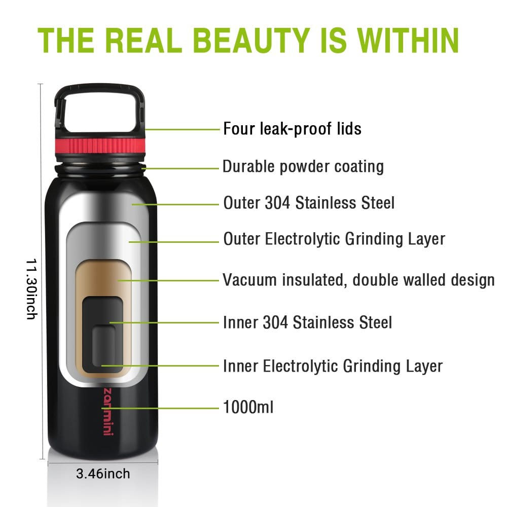 zanmini BZ12 - 1000 Multifunctional Sport Water Bottle 1000ML - Black