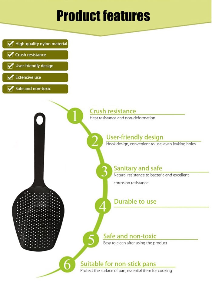Nylon Scoop Shaped Strainer Portable Spoon Colander  Multipurpose Kitchen Utensil- Black