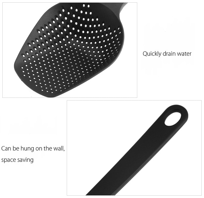 Nylon Scoop Shaped Strainer Portable Spoon Colander  Multipurpose Kitchen Utensil- Black