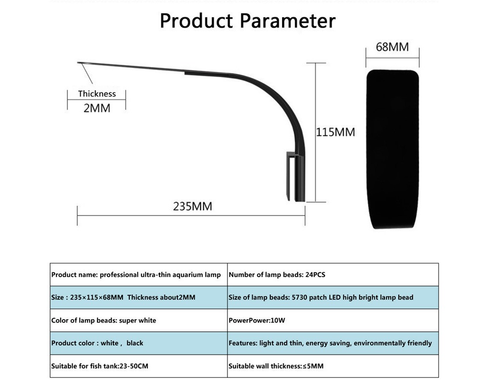 X5 Minimalism 24-LED10W Ultra-thin Fish Tank Clip Light- White White Light