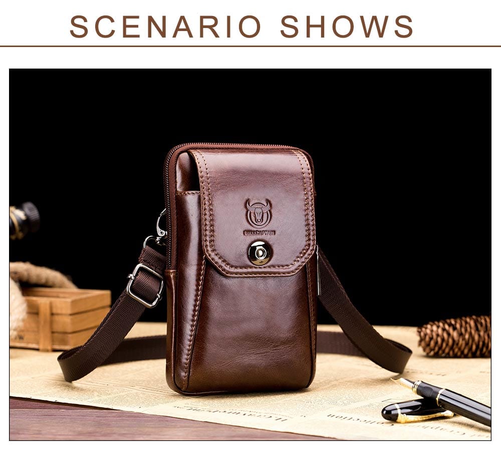 Genuine Leather Men's Waist Packs Phone Pouch Bags- Coffee