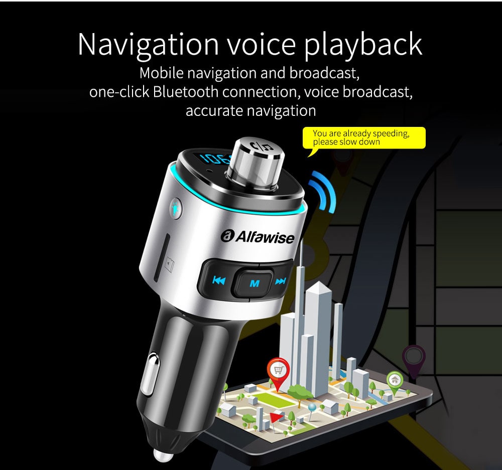 Alfawise QC3.0 Bluetooth 4.2 FM Transmitter Car Charger- Silver