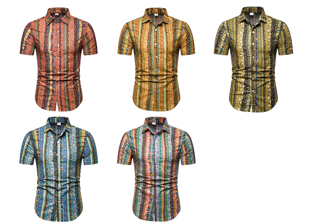 TC31 Male Ethnic Style Printed Shirt Leisure Design- Chestnut Red 4XL